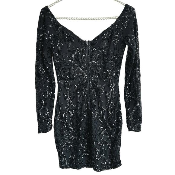 Fairy Goth Witchy Bodycon Sequin Mini Dress Womens XS L/S‎ NYE Party Glam HOCO - Picture 2 of 12